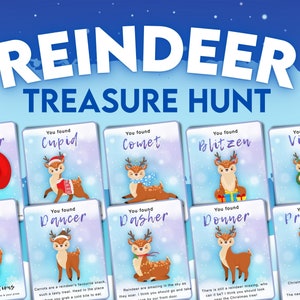 Kids Christmas Scavenger Hunt. Reindeer treasure hunt game. Help Santa find his Reindeer. A fun printable Christmas game.