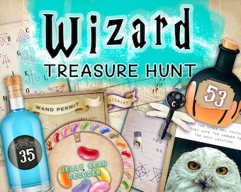 Wizard Escape Room Treasure Hunt. Escape game printable puzzle kit. Family hunt birthday kit. Birthday party game hunt clues and puzzles.