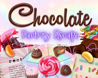 Escape room game for kids. Chocolate factory themed printable puzzle game. Colourful family fun party printable game.