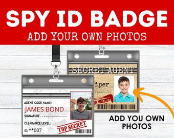 Spy Birthday Party ID Badge - Secret agent badge. Editable text and photo for a personalised finish. INSTANT DOWNLOAD Easily Edit online.