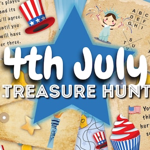 4th of July Treasure hunt game. Scavenger hunt clues. Colorful puzzles and clues to solve. Printable fun Independence day activity.