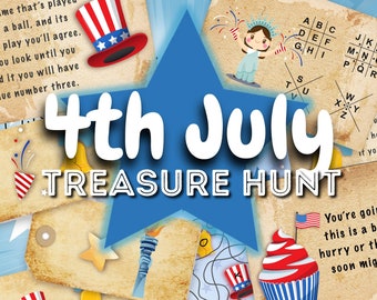 4th of July Treasure hunt game. Scavenger hunt clues. Colorful puzzles and clues to solve. Printable fun Independence day activity.