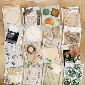 May include: A collection of vintage-style paper ephemera with a variety of designs, including a typewriter, a snake, skulls, and a map. The papers are all distressed and have a worn look, giving them a vintage feel.