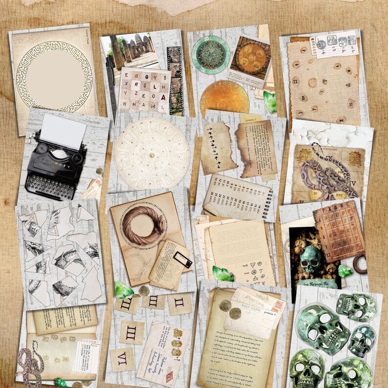 May include: A collection of vintage-style paper ephemera with a variety of designs, including a typewriter, a snake, skulls, and a map. The papers are all distressed and have a worn look, giving them a vintage feel.