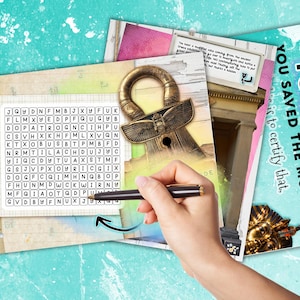 May include: A word search puzzle with the words "You Did It! You Saved The Museum" printed on a card. The puzzle is on a sheet of paper with a grid of letters. A hand is holding a pen and pointing to the word "You" in the puzzle.