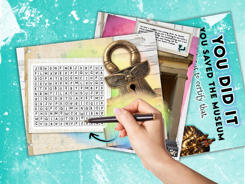 May include: A word search puzzle with the words "You Did It! You Saved The Museum" printed on a card. The puzzle is on a sheet of paper with a grid of letters. A hand is holding a pen and pointing to the word "You" in the puzzle.