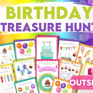 OUTSIDE Birthday treasure hunt clues. Teen Scavenger hunt. Colourful puzzles and clues to solve, perfect for a birthday present hunt.