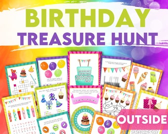 OUTSIDE Birthday treasure hunt clues. Teen Scavenger hunt. Colourful puzzles and clues to solve, perfect for a birthday present hunt.