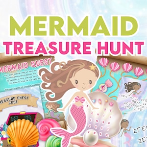 Puede incluir: Un juego de búsqueda del tesoro con temática de sirenas con una ilustración de sirena rosa, un código de cofre del tesoro y un rollo de búsqueda de sirenas. El juego incluye un código de letras y un rompecabezas de palabras.