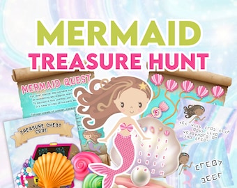 May include: A mermaid themed treasure hunt game with a pink mermaid illustration, a treasure chest code, and a mermaid quest scroll. The game includes a letter code and a word puzzle.