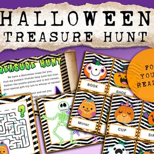 Halloween Treasure Hunt Kit. Easy kids treasure hunt, great for young readers fun themed colourful puzzles and clues.