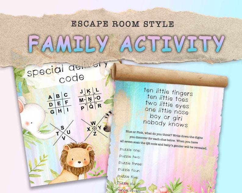 Baby Shower escape room gender reveal game. Will it be stashes or lashes Colourful family fun party printable game. image 2