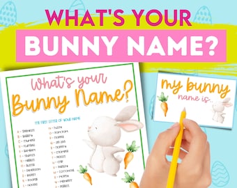 Easter Game. What's your Bunny name? Family Easter printable. Indoor Party Games Group Activity. Printable fun ideas.