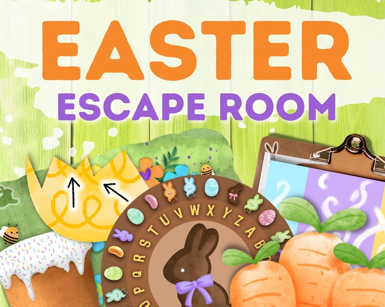 May include: An Easter-themed escape room game with a colorful wooden background. The game includes a yellow egg with arrows, a brown and purple alphabet wheel, a brown bunny with a purple bow, and three orange carrots.