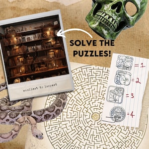 May include: A vintage-style photograph of a bookshelf filled with various objects, a snake, and a skull. The photo is labelled "smallest to largest".  A maze puzzle is in the background with a note that says "Solve the puzzles!" and a series of symbols with numbers next to them.