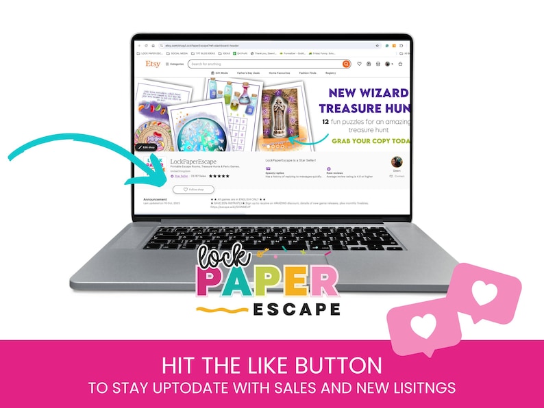 May include: A laptop displaying an Etsy shop, LockPaperEscape, with a "New Wizard Treasure Hunt" advertisement. The image includes a pink banner with the text "HIT THE LIKE BUTTON" and two pink heart icons.