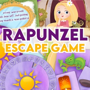 Kids Escape Room Rapunzel's birthday treasure hunt. Colorful puzzles with clues to solve, perfect for a gift reveal or party activity.
