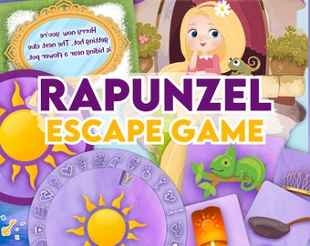 Kids Escape Room Rapunzel's birthday treasure hunt. Colorful puzzles with clues to solve, perfect for a gift reveal or party activity.