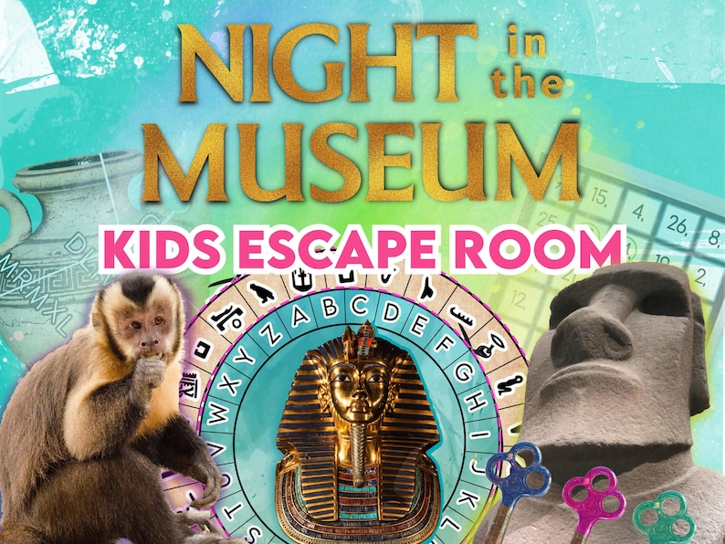 May include: A colorful image promoting a "Night in the Museum" kids escape room. The image features a monkey, a golden pharaoh bust, a stone head, and a key. The text "KIDS ESCAPE ROOM" is in pink letters.