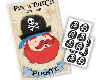 Pirate birthday game. Pin the patch on the pirate. Printable party decorations.