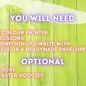 May include: A list of supplies needed to make Easter treat bags, including a color printer, scissors, something to write with, glue or a ready-made envelope, locks, and optional Easter goodies.