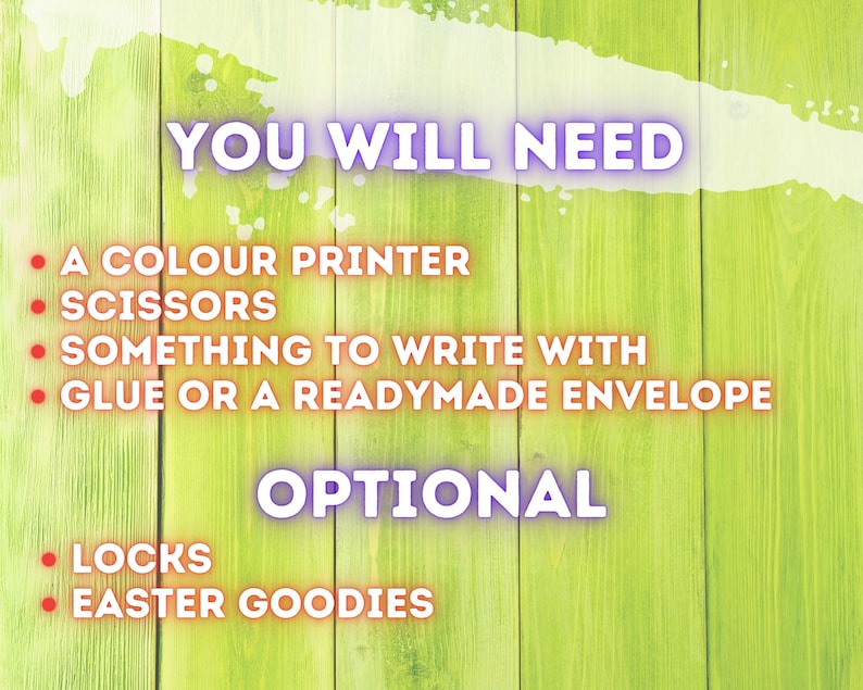 May include: A list of supplies needed to make Easter treat bags, including a color printer, scissors, something to write with, glue or a ready-made envelope, locks, and optional Easter goodies.