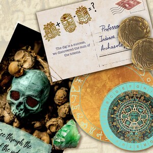 May include: A vintage postcard with a handwritten message about an archaeological dig. The postcard features a drawing of three tiki masks with a math equation. The postcard is on a table with a skull, green crystals, and a gold Aztec calendar.