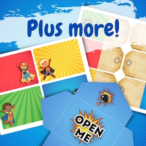 May include: A set of printable superhero-themed party favor tags and gift boxes. The tags are in a vintage style with a brown background and white text. The boxes are blue with a red and yellow comic book style explosion graphic and the text "Open Me".