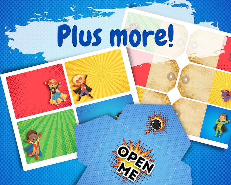 May include: A set of printable superhero-themed party favor tags and gift boxes. The tags are in a vintage style with a brown background and white text. The boxes are blue with a red and yellow comic book style explosion graphic and the text "Open Me".