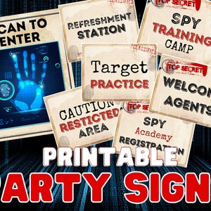Spy Party Signs. Secret Agent Editable Party Signs. Personalised printable decoration for your spy or detective party. Easily edit online.