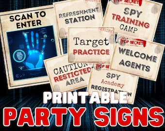 Spy Party Signs. Secret Agent Editable Party Signs. Personalised printable decoration for your spy or detective party. Easily edit online.