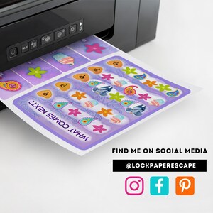 Printable escape room game material. Social media icons for Instagram Facebook and Pinterest. @lockpaperescape.com