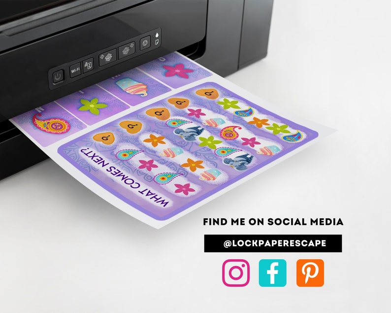 Printable escape room game material. Social media icons for Instagram Facebook and Pinterest. @lockpaperescape.com