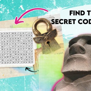May include: A word search puzzle with the words "FIND THE SECRET CODE!" at the top. The puzzle is on a white background with black letters. A gold key with a winged design is in the upper right corner of the image.