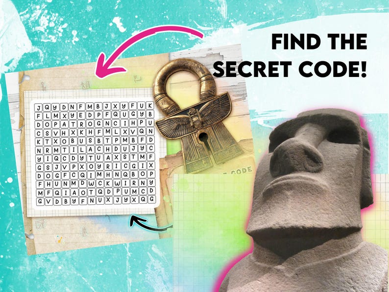 May include: A word search puzzle with the words "FIND THE SECRET CODE!" at the top. The puzzle is on a white background with black letters. A gold key with a winged design is in the upper right corner of the image.