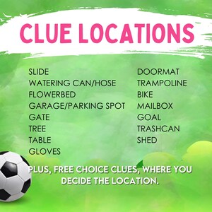 Puede incluir: Una ilustraci&oacute;n verde y blanca con el texto "CLUE LOCATIONS" en rosa. La ilustraci&oacute;n enumera varios lugares para pistas, como tobog&aacute;n, regadera, macizo de flores, felpudo, trampol&iacute;n, bicicleta, garaje, puerta, &aacute;rbol, mesa, guantes, buz&oacute;n, porter&iacute;a, cubo de basura y cobertizo. Un bal&oacute;n de f&uacute;tbol blanco y negro se encuentra en la esquina inferior izquierda.