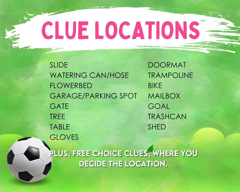 Puede incluir: Una ilustraci&oacute;n verde y blanca con el texto "CLUE LOCATIONS" en rosa. La ilustraci&oacute;n enumera varios lugares para pistas, como tobog&aacute;n, regadera, macizo de flores, felpudo, trampol&iacute;n, bicicleta, garaje, puerta, &aacute;rbol, mesa, guantes, buz&oacute;n, porter&iacute;a, cubo de basura y cobertizo. Un bal&oacute;n de f&uacute;tbol blanco y negro se encuentra en la esquina inferior izquierda.