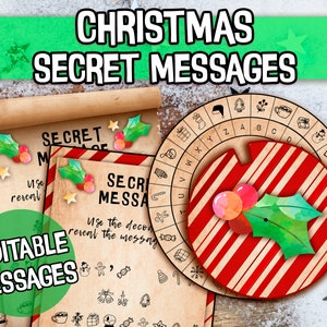 Secret Christmas Message. Cipher wheel with editable message . Make secret treasure hunt clues. Edit easily in Canva.