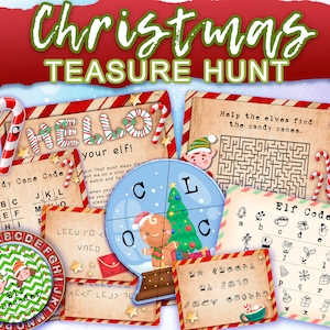 Christmas Scavenger Hunt. Elf treasure hunt game. Over 24 individual clues, plus editable secret codes in this huge kit.