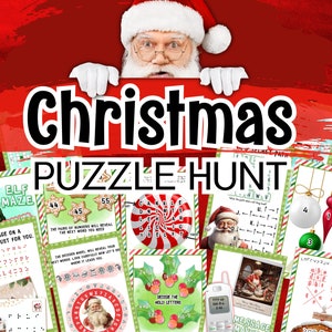 Könnte beinhalten: Ein Weihnachts-Puzzle-Suchspiel mit einer Vielzahl von Rätseln, darunter ein Wortsuchspiel, ein Labyrinth, ein Zahlenrätsel und ein Codeknacker-Rätsel. Die Rätsel sind auf bunten Karten mit festlichem Design gedruckt.