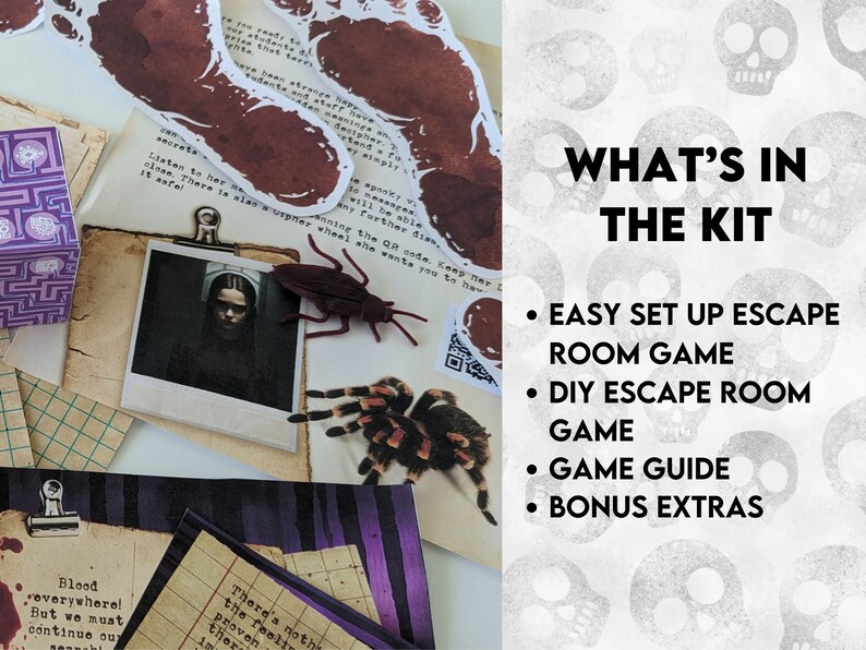 K&ouml;nnte beinhalten: Ein DIY Escape Room Spielset mit einem gruseligen Thema. Das Set enth&auml;lt eine Spielanleitung, Bonus-Extras und alles, was du brauchst, um deinen eigenen Escape Room einzurichten. Das Bild zeigt eine Vielzahl von Requisiten, darunter ein Foto, einen K&auml;fer und eine Karte.