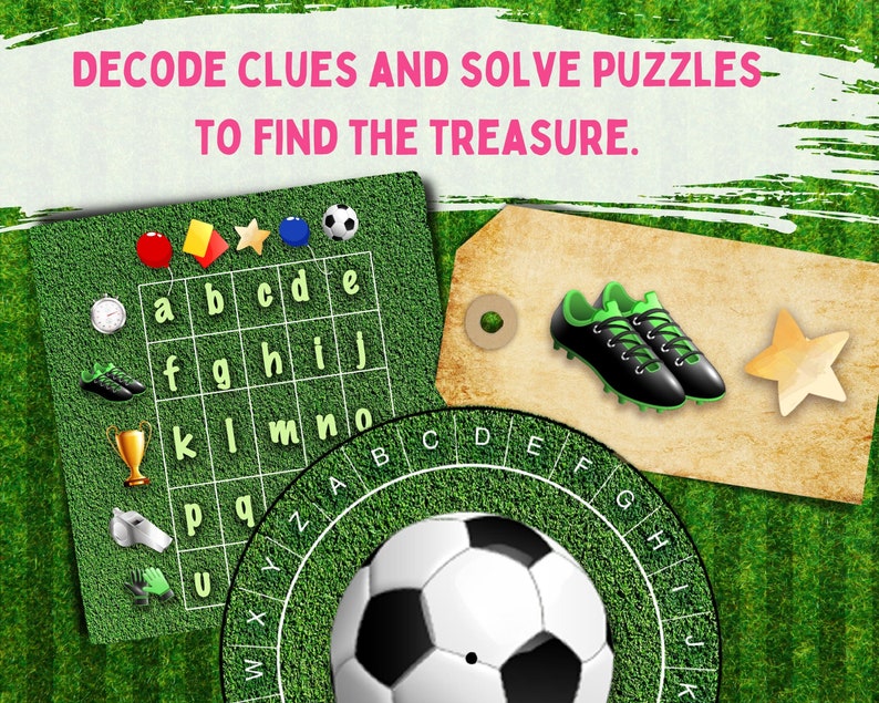 Puede incluir: Un bal&oacute;n de f&uacute;tbol verde y blanco con un bal&oacute;n de f&uacute;tbol negro y blanco en la parte superior. El bal&oacute;n de f&uacute;tbol est&aacute; sobre un tablero circular verde y blanco con letras alrededor del borde. El tablero est&aacute; sobre un fondo de hierba verde. El texto "DECODE CLUES AND SOLVE PUZZLES TO FIND THE TREASURE." est&aacute; en la parte superior de la imagen.