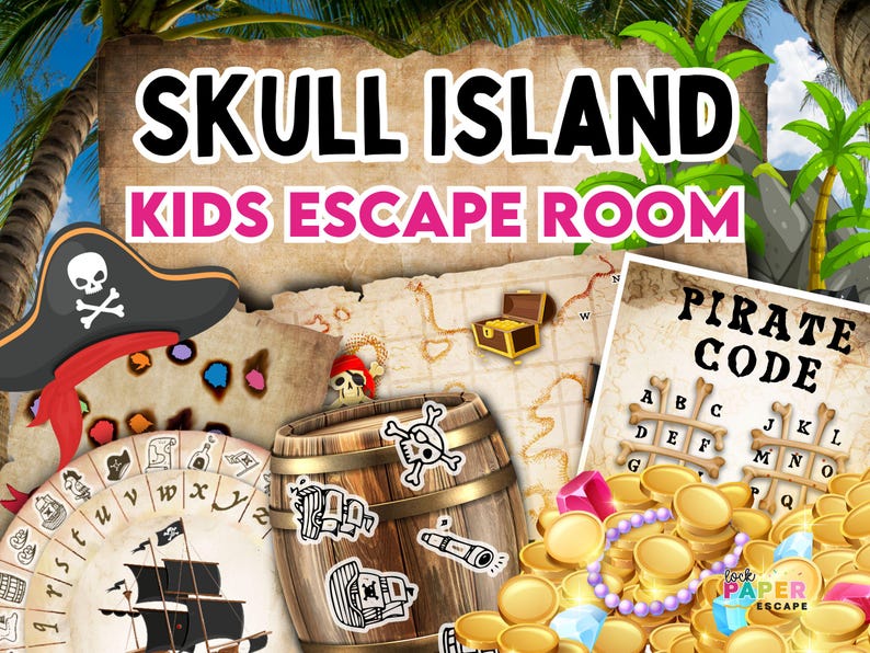 May include: A colorful illustration for a kids' escape room game. The image features a pirate theme with a skull and crossbones, treasure map, treasure chest, pirate code, and the text "SKULL ISLAND KIDS ESCAPE ROOM."