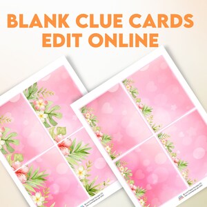 Op de afbeelding: Printbare lege aanwijzingskaarten met een roze aquarel achtergrond en een bloemige rand. De kaarten zijn ontworpen voor een spel of activiteit.