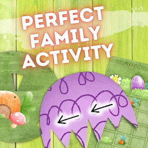 May include: A purple Easter egg with a swirl pattern and two arrows pointing to the left. The text "The eggs will show the..." is visible in the background.
