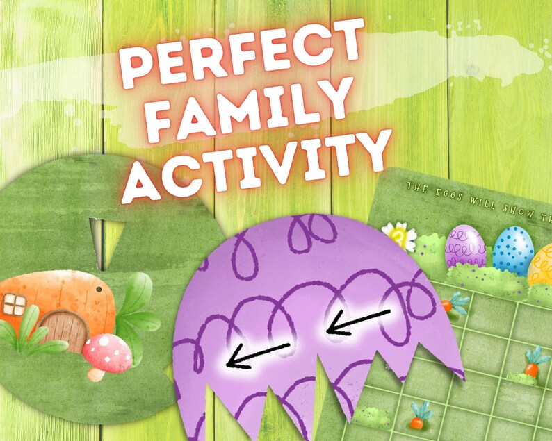 May include: A purple Easter egg with a swirl pattern and two arrows pointing to the left. The text "The eggs will show the..." is visible in the background.