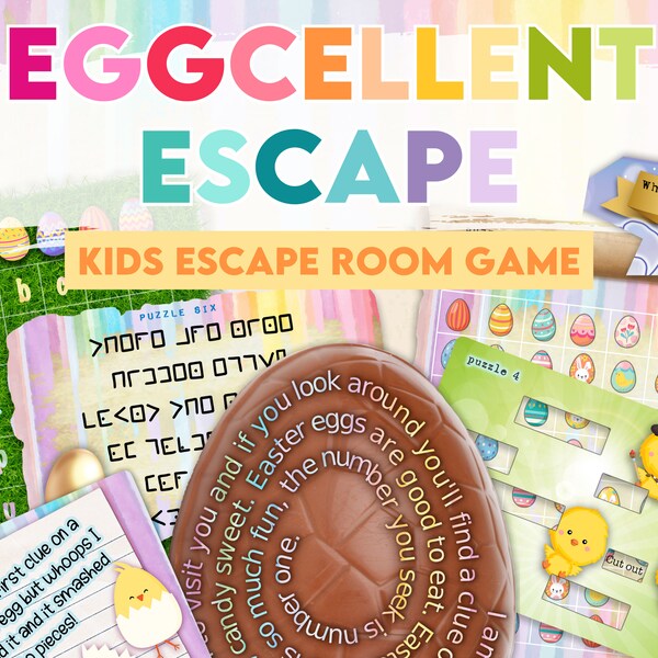 Escape room game for kids. Easter escape game, fun printable activity perfect for hunting Easter eggs. Solve puzzle and decode messages.