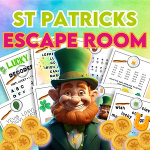 Peut inclure: Un jeu d'évasion sur le thème de la Saint-Patrick avec un lutin de dessin animé, des pièces d'or et des feuilles de travail imprimables. Les feuilles de travail comprennent une recherche de mots, un casse-tête mathématique et une activité de décryptage.