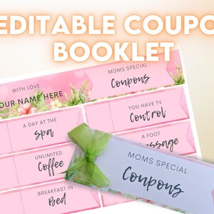 Op de afbeelding: Printbare couponboekje met roze en groene bloemenontwerpen. Het boekje heeft een titel die zegt "Moeders Speciale Coupons" en bevat coupons voor een dag in de spa, onbeperkt koffie, ontbijt op bed, tv-bediening en een voetmassage.