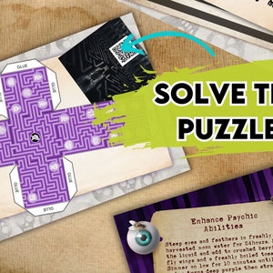 K&ouml;nnte beinhalten: Ein lila-wei&szlig;er Papierbastel-Labyrinth-W&uuml;rfel mit dem Wort "GLUE" auf jeder Seite. Der W&uuml;rfel befindet sich auf einem braunen Hintergrund mit einem gr&uuml;n-schwarz gestreiften Muster. Der Text "SOLVE THE PUZZLES!" ist in Schwarz auf gr&uuml;nem Hintergrund geschrieben. Eine Karte mit dem Text "Enhance Psychic Abilities" befindet sich unten rechts im Bild. Die Karte hat einen braunen Hintergrund mit einer schwarzen Augengrafik und dem Text "Steep eyes and feathers in freshly harvested moon water for 24hours. Drain the liquid and add to crushed berries, fly wings and a freshly boiled toes. Simmer on low for 10 minutes until the turns a deep purple then strain"